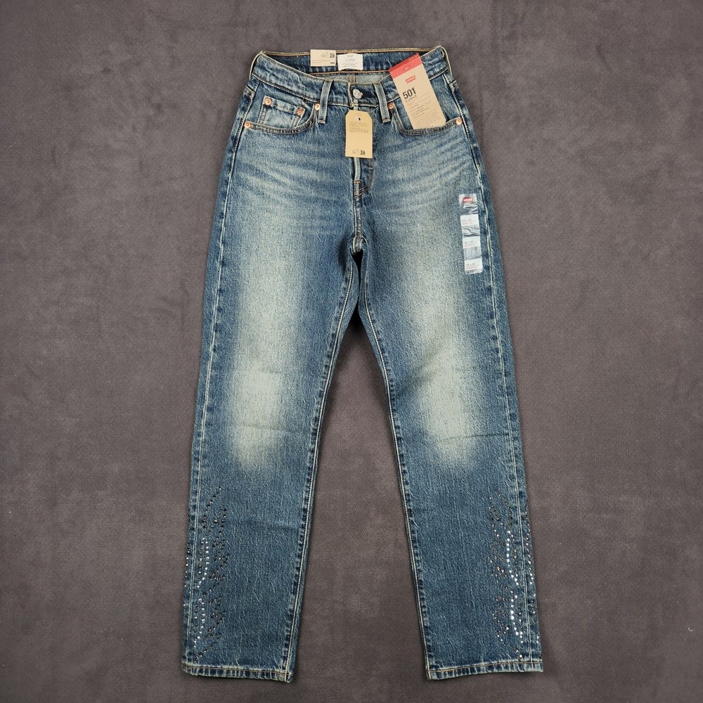 Levis 501 Curve Jeans Womens 25x30 Blue High Rise Straight Denim Embellished‎
